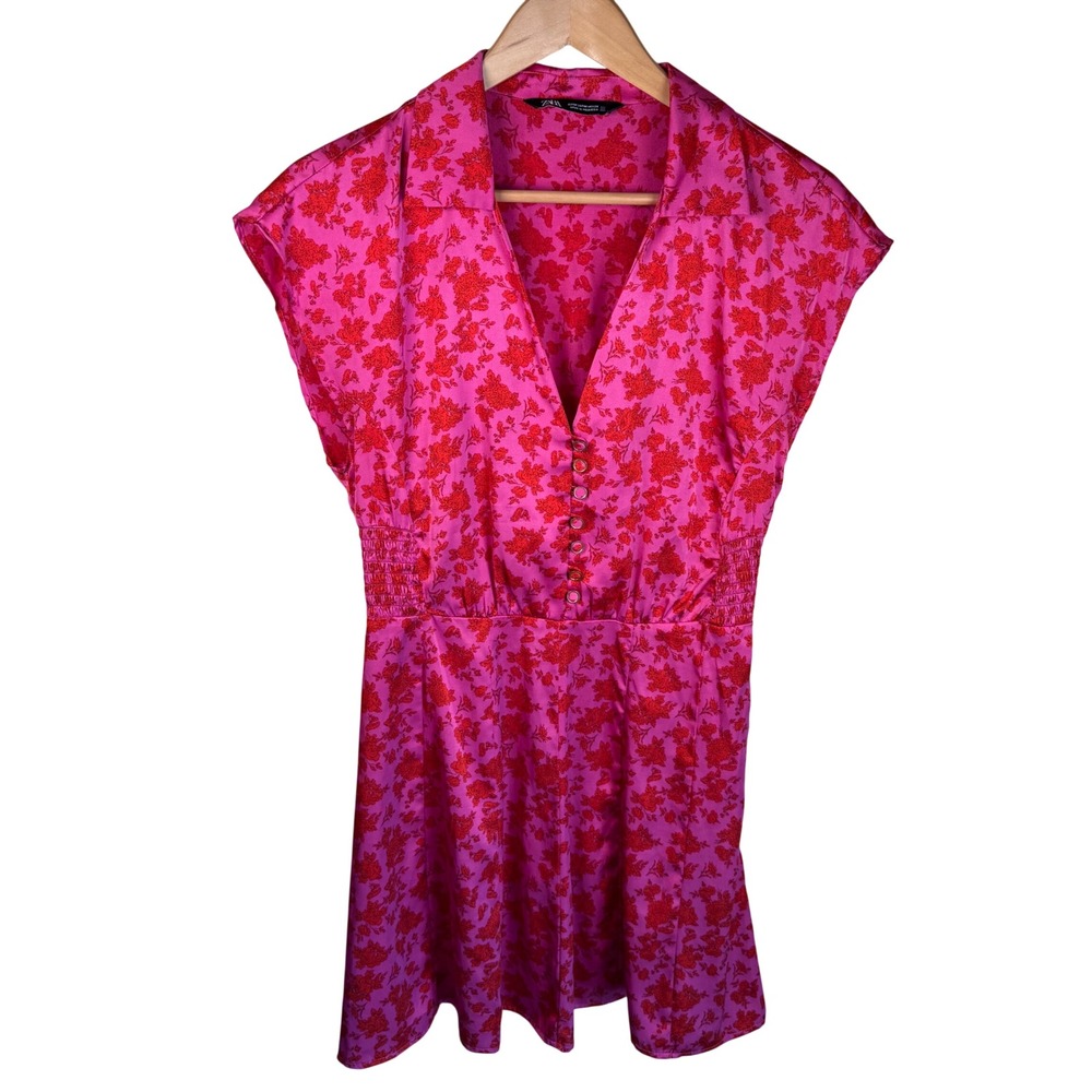 Zara Satin Effect Floral Mini Dress Womens‎ Medium Pink Red Smocked Waist Career